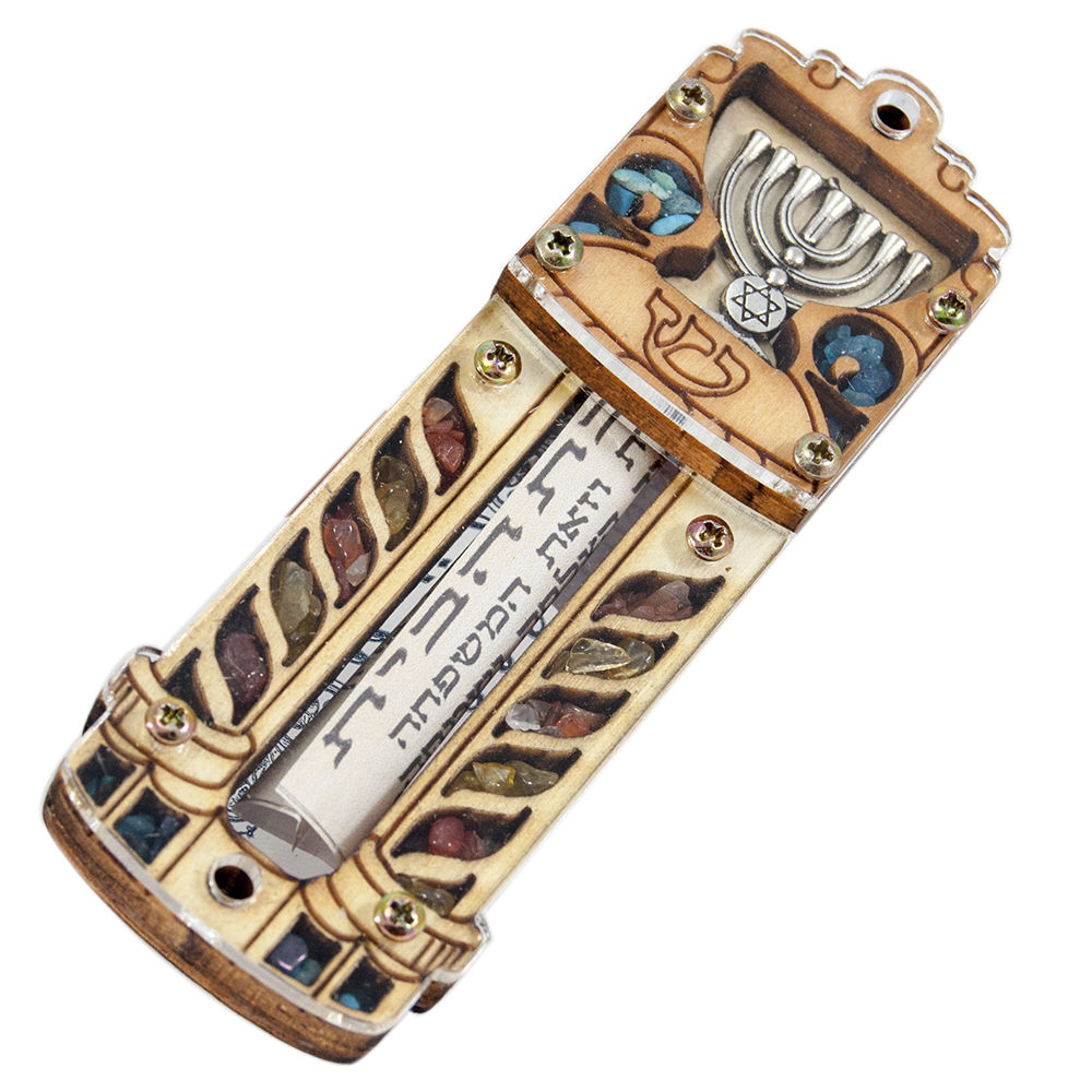 Full mezuzah with gemstones and Star of David shown complete