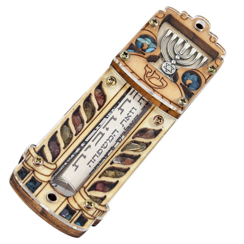 Full mezuzah with gemstones and Star of David shown complete