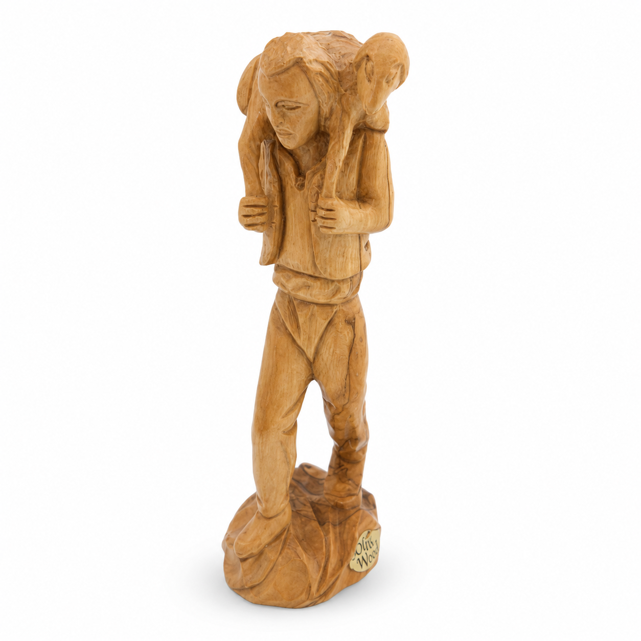 Hand-carved Bethlehem olive wood statue of Jesus Christ as the Good Shepherd carrying a lamb on His shoulders, featuring natural rich wooden grain.