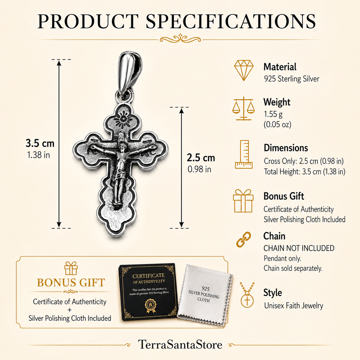 A product specifications infographic for a 925 sterling silver Orthodox crucifix pendant, displaying weight, height dimensions, material icons, and the included bonus gifts of a certificate of authenticity and a silver polishing cloth.