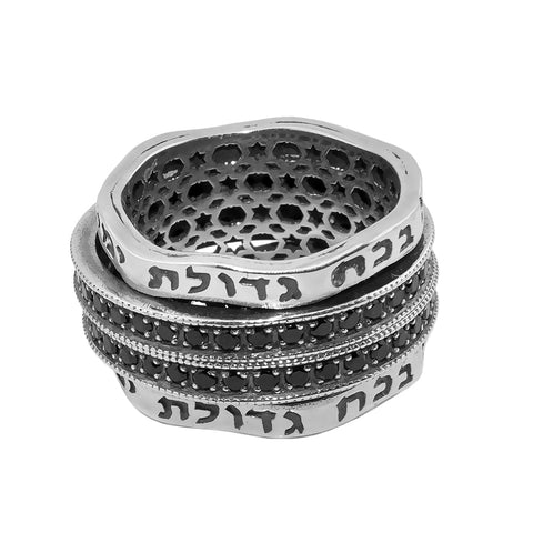Sterling silver Kabbalah ring with Ana Bekoach Hebrew prayer and black onyx center stone

