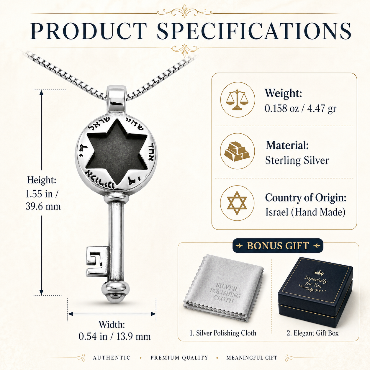 Product specification graphic for sterling silver key pendant with black star cutout, 1.55 in high, 0.54 in wide, weight 4.47 gr, Israel origin, polishing cloth and black box on cream background.