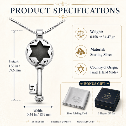 Product specification graphic for sterling silver key pendant with black star cutout, 1.55 in high, 0.54 in wide, weight 4.47 gr, Israel origin, polishing cloth and black box on cream background.