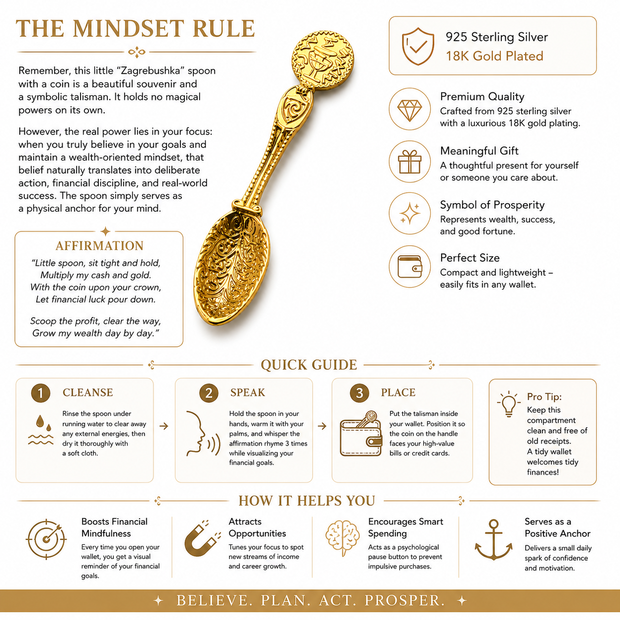 Miniature wallet talisman spoon in 18K gold plated sterling silver with engraved ornamental texture