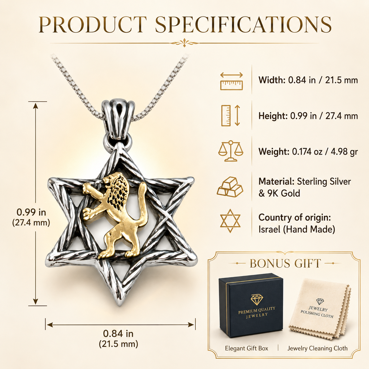 Product specification infographic for sterling silver Star of David pendant with 9K gold lion, showing 0.84 in width, 0.99 in height, 4.98 gr weight, Israel origin, gift box and cleaning cloth