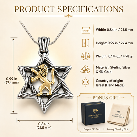Product specification infographic for sterling silver Star of David pendant with 9K gold lion, showing 0.84 in width, 0.99 in height, 4.98 gr weight, Israel origin, gift box and cleaning cloth