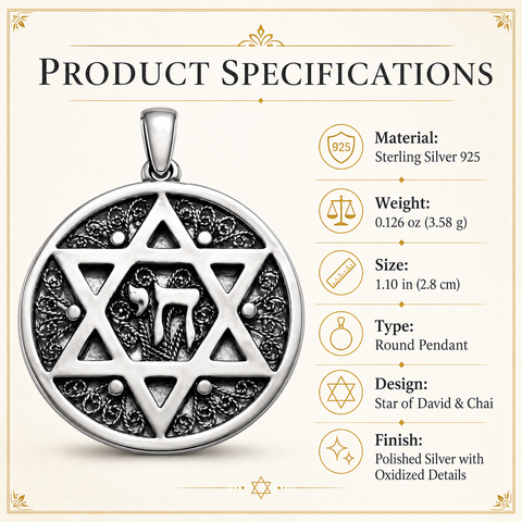 Product specifications chart for a round Sterling Silver 925 pendant with Star of David and Chai design, oxidized filigree finish, weight 0.126 oz (3.58 g), and size 1.10 in (2.8 cm) on an ivory background.