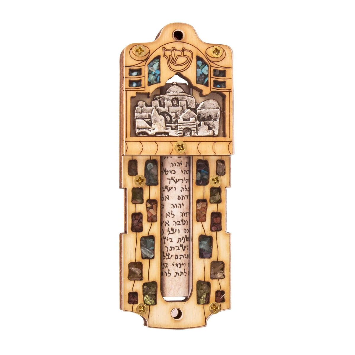 Handcrafted stone mezuzah with Shadai scroll