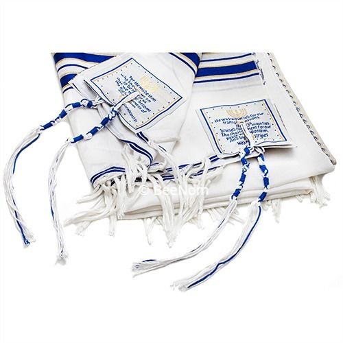 Talis bag with folded Kosher tallit blue and gold inside
