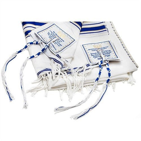 Talis bag with folded Kosher tallit blue and gold inside
