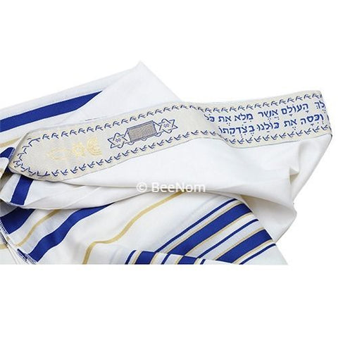 Reverse side showing tzitzit on blue and gold tallit shawl
