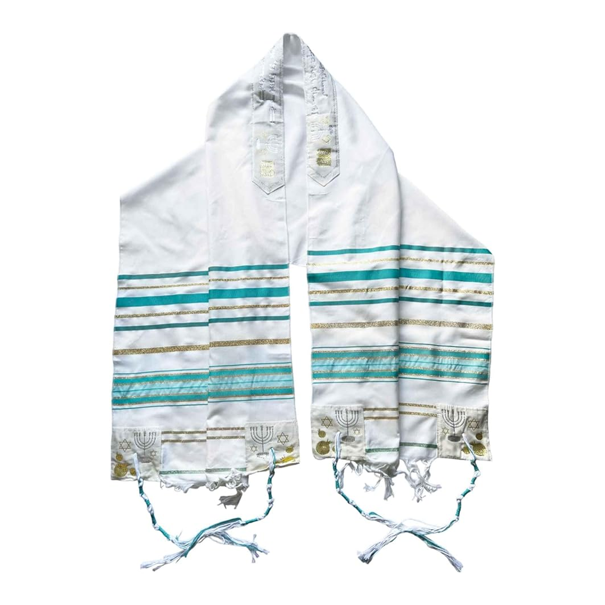 Front view of large teal blue tallit prayer shawl with pouch
