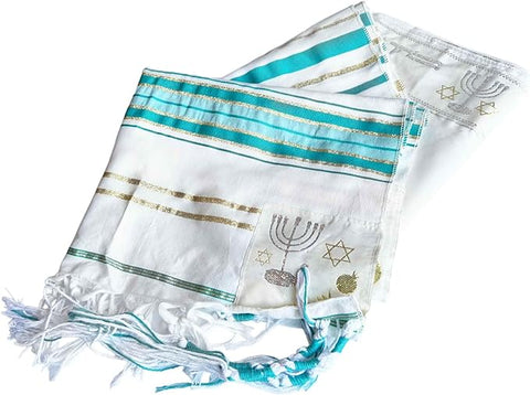 Reverse side detail of teal blue tallit shawl with stripes
