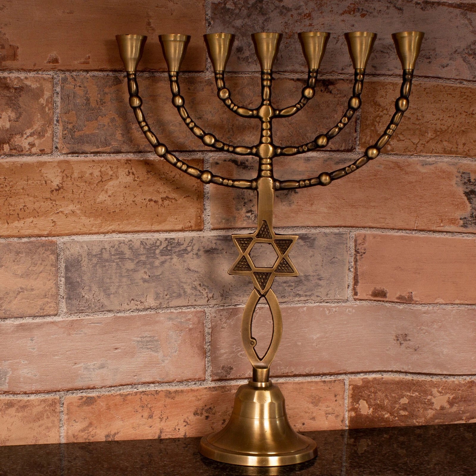 vintage seven branch menorah with biblical temple design
