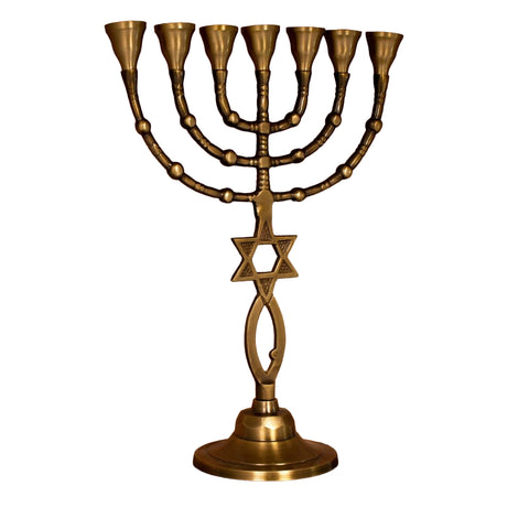 temple style vintage brass menorah with symbolic design
