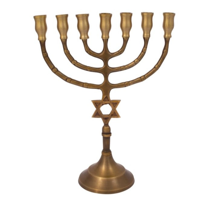 temple inspired brass menorah with vintage finish
