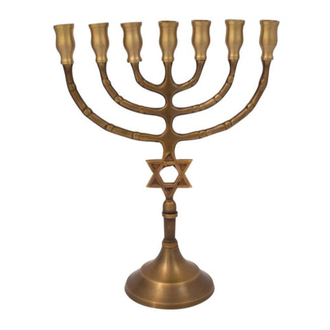 temple inspired brass menorah with vintage finish
