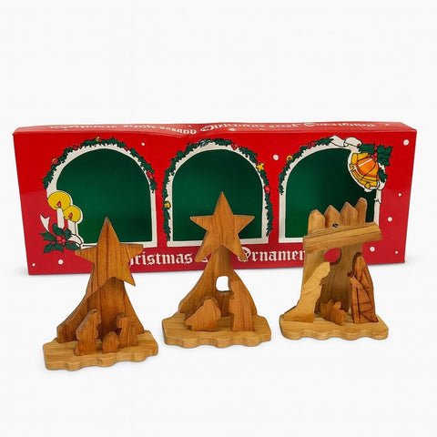 Three-scene Bethlehem olive wood Nativity set handcrafted
