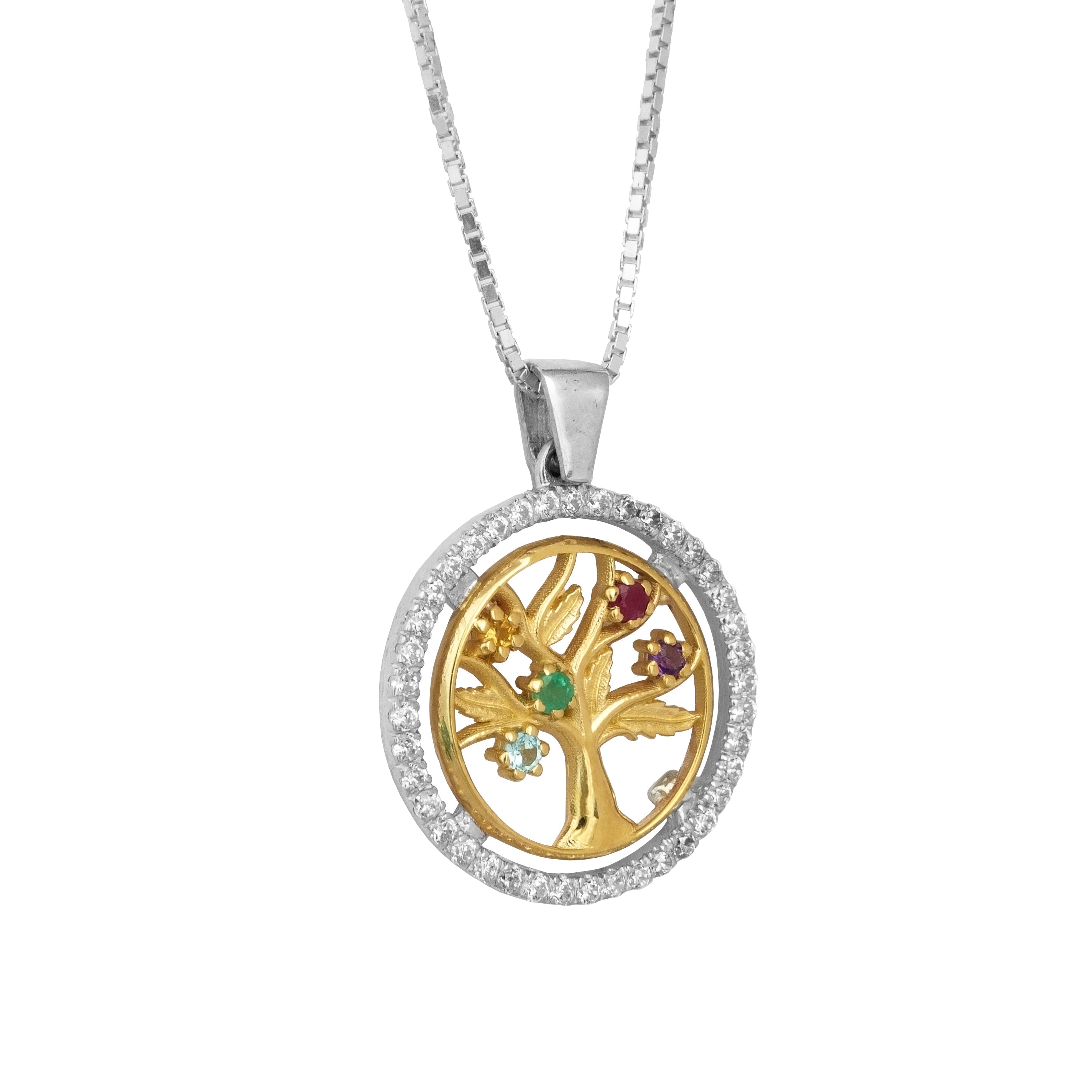 Sterling silver gold Tree of Life pendant angled with multicolor stones