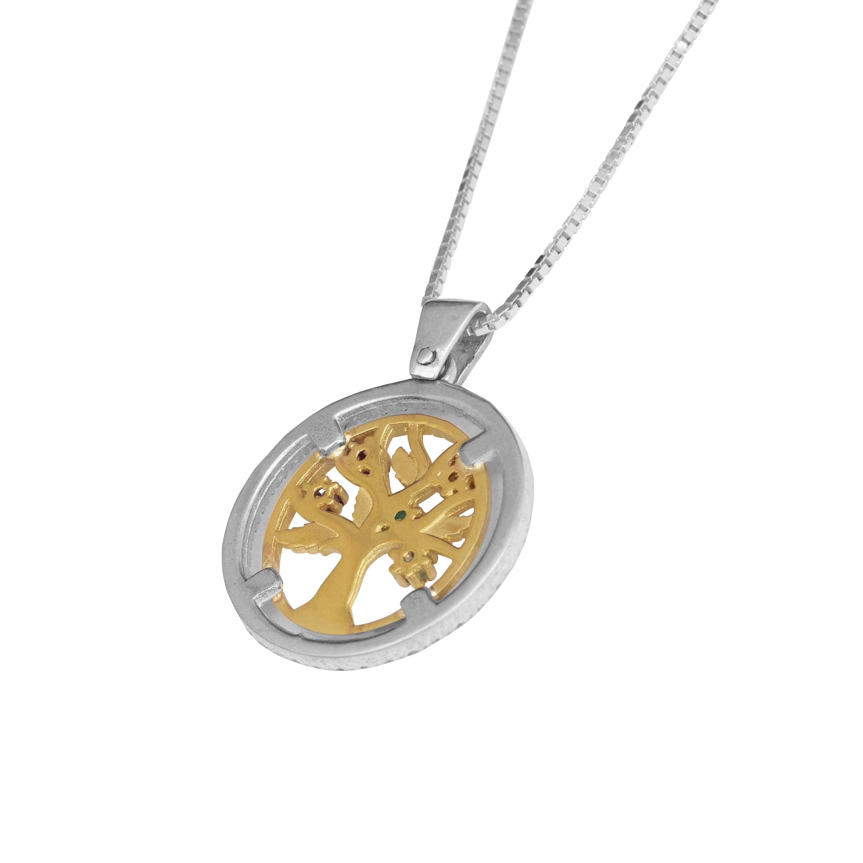 Full necklace with Tree of Life pendant silver gold multicolor stones