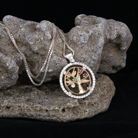 Tree of Life pendant with multicolor crystal branches crafted in Israel