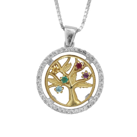 Tree of Life pendant multicolor crystals silver gold front view