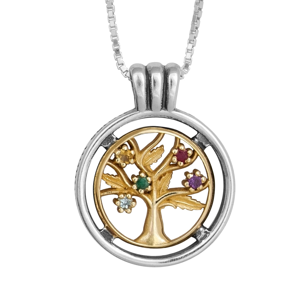 Tree of Life pendant multicolor crystals CZ in silver and gold front view