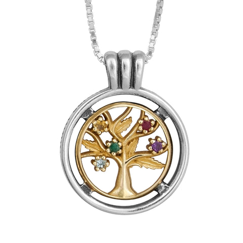 Tree of Life pendant multicolor crystals CZ in silver and gold front view
