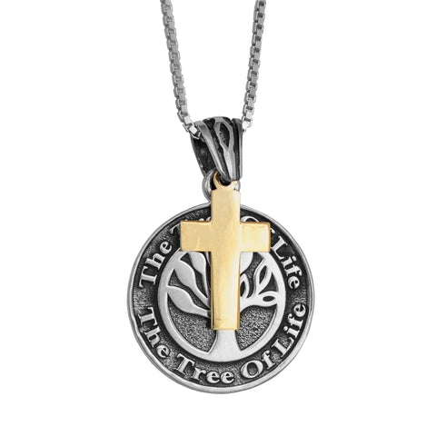 Reverse side of Tree of Life sterling pendant with gold cross center
