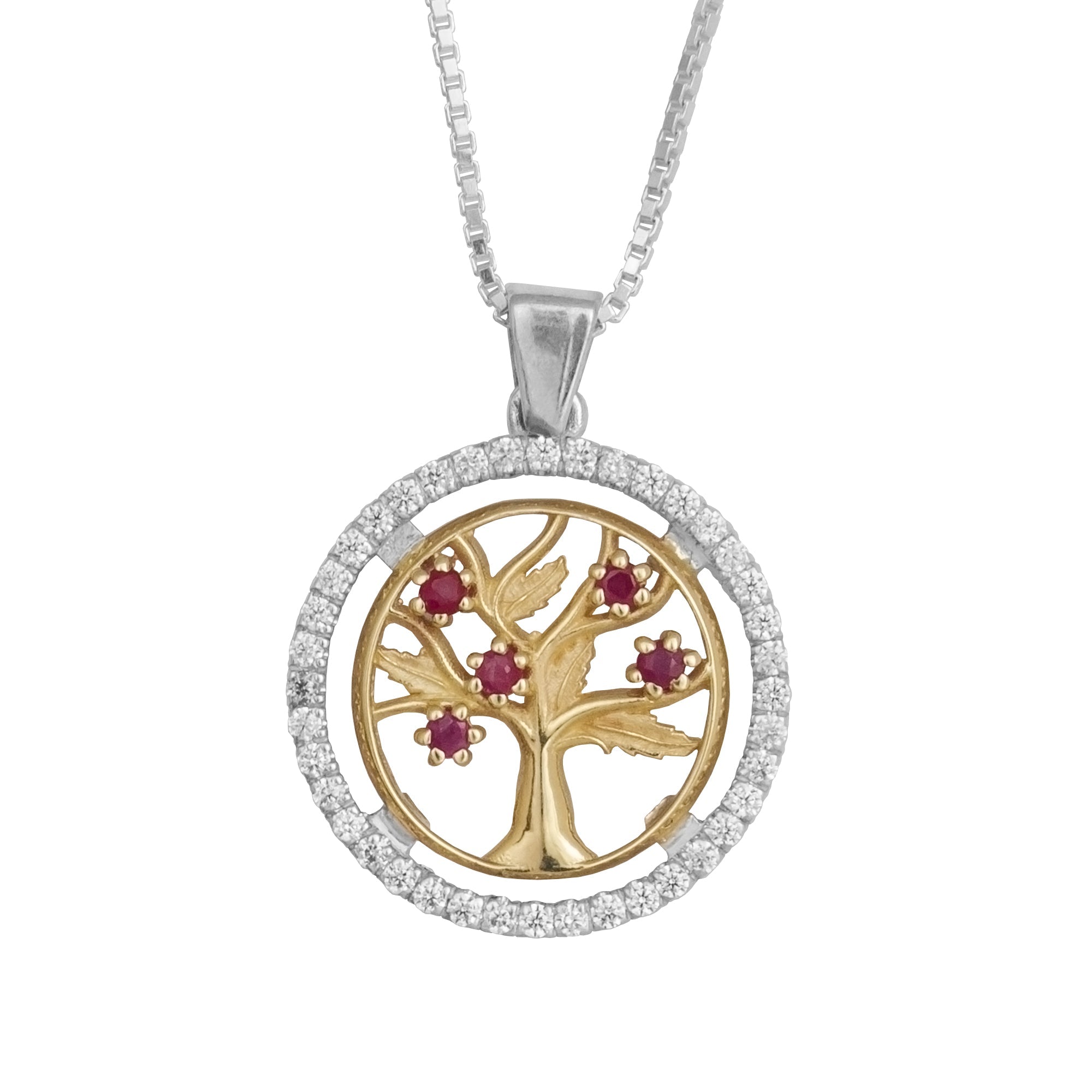 Front view Tree of Life pendant with rubies in silver and gold
