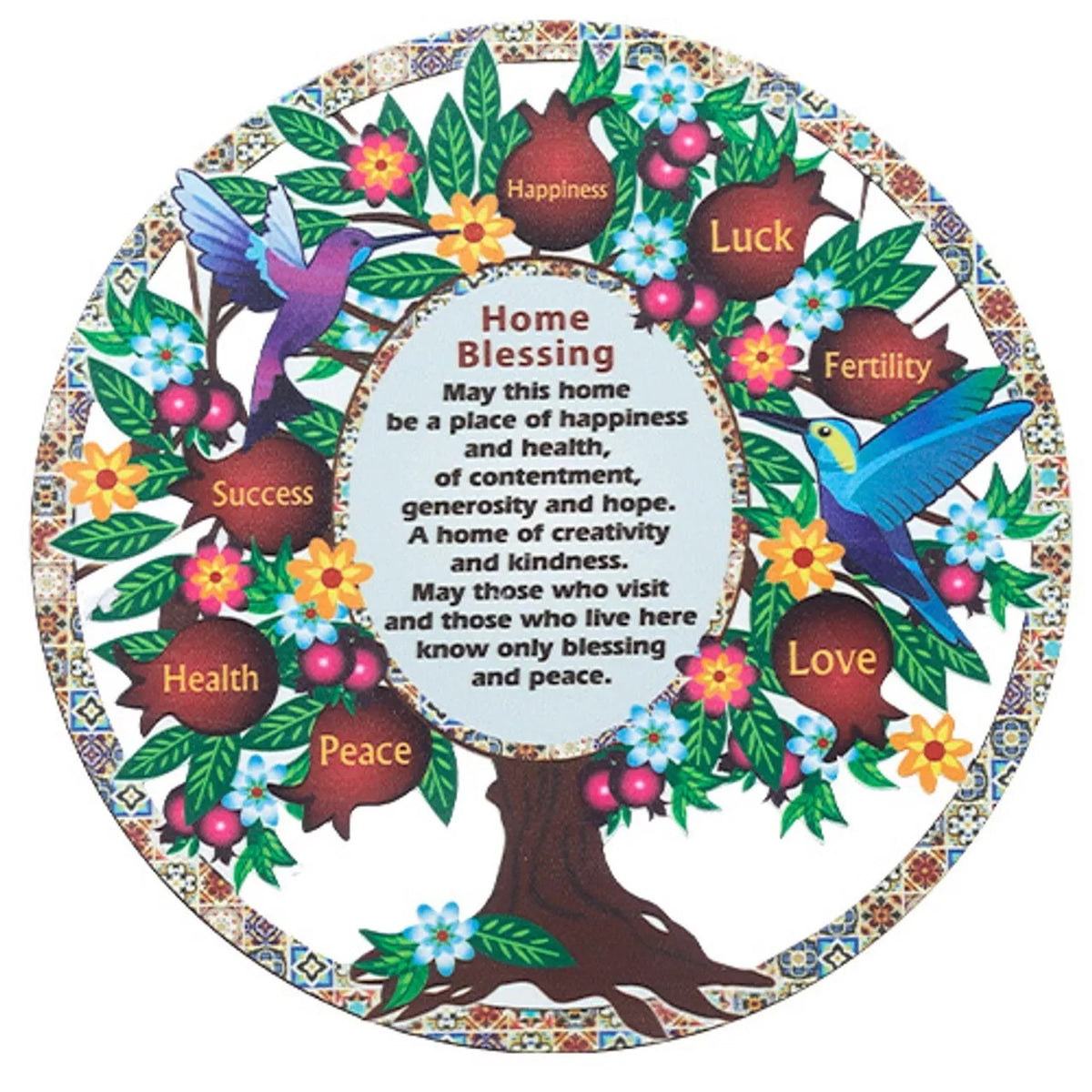 Metal colourful Tree of Life wall home blessing front view