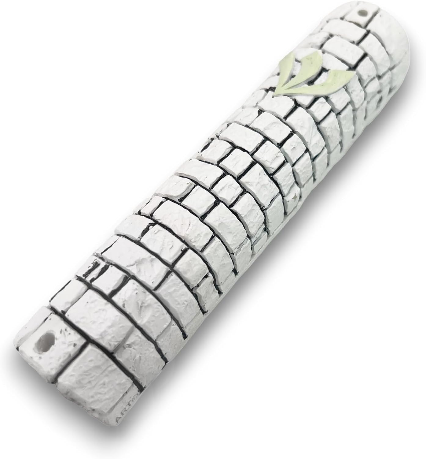 White ceramic mezuzah 5.8 inch with Shin and brick texture
