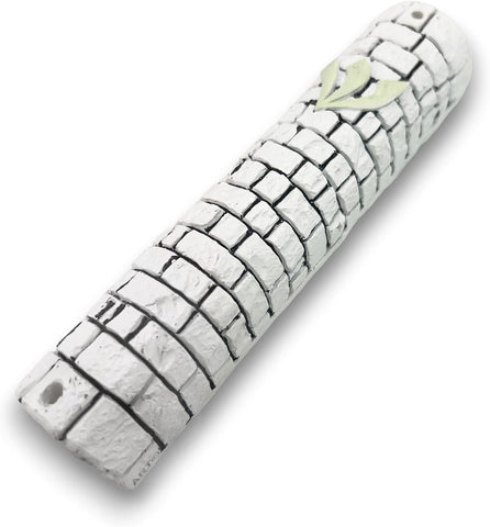 White ceramic mezuzah 5.8 inch with Shin and brick texture
