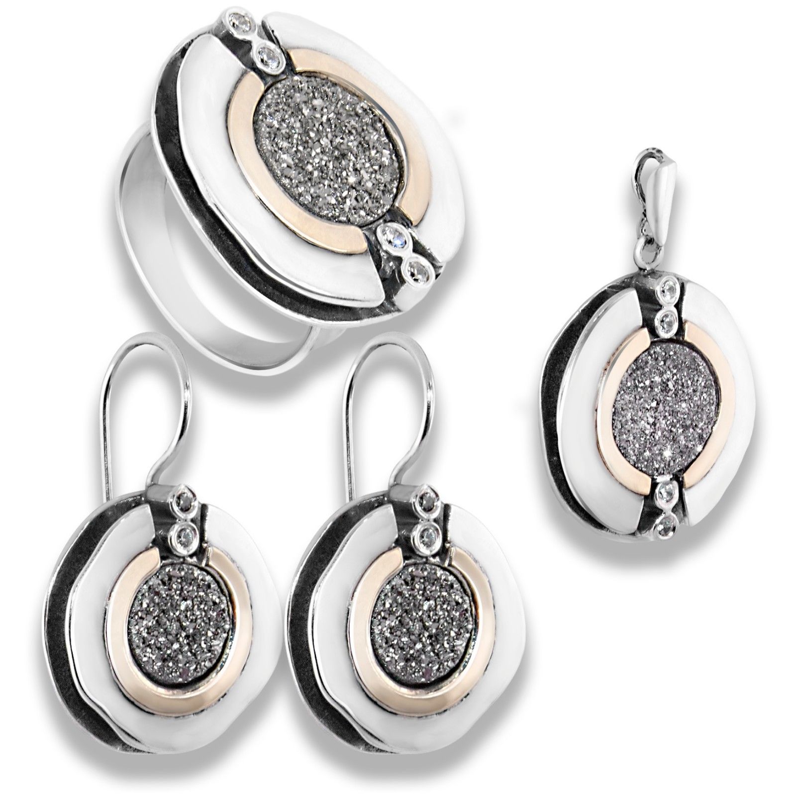 Handmade women's silver jewelry set necklace earrings ring Israel front view