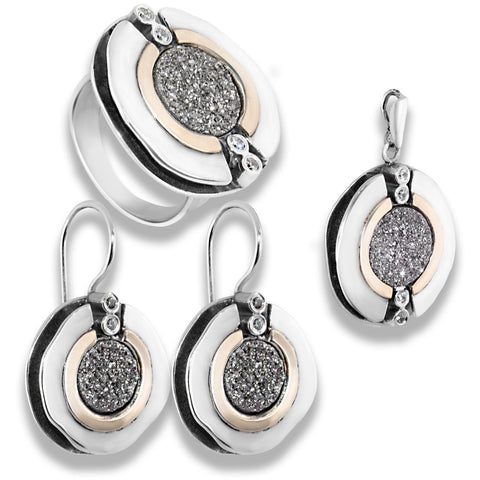 Handmade women's silver jewelry set necklace earrings ring Israel front view