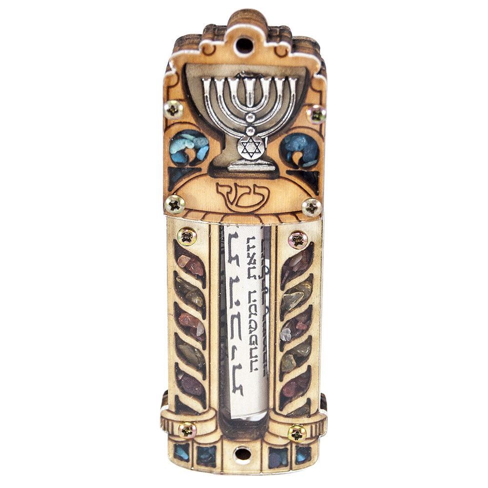 Side profile of natural wood car mezuzah decorated with gemstones