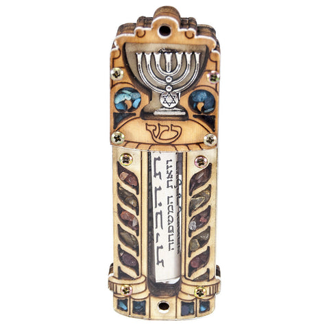 Side profile of natural wood car mezuzah decorated with gemstones