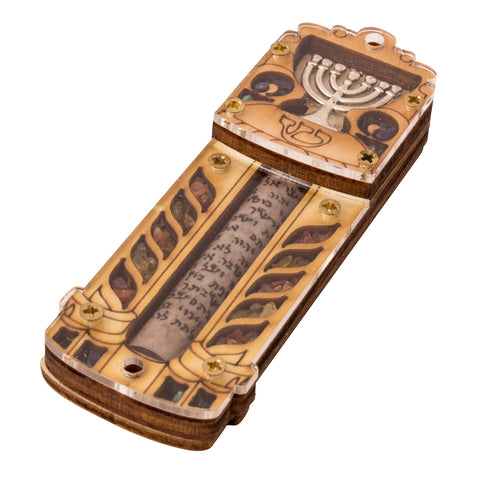 Reverse side natural wood mezuzah with Hanukkah menorah detail