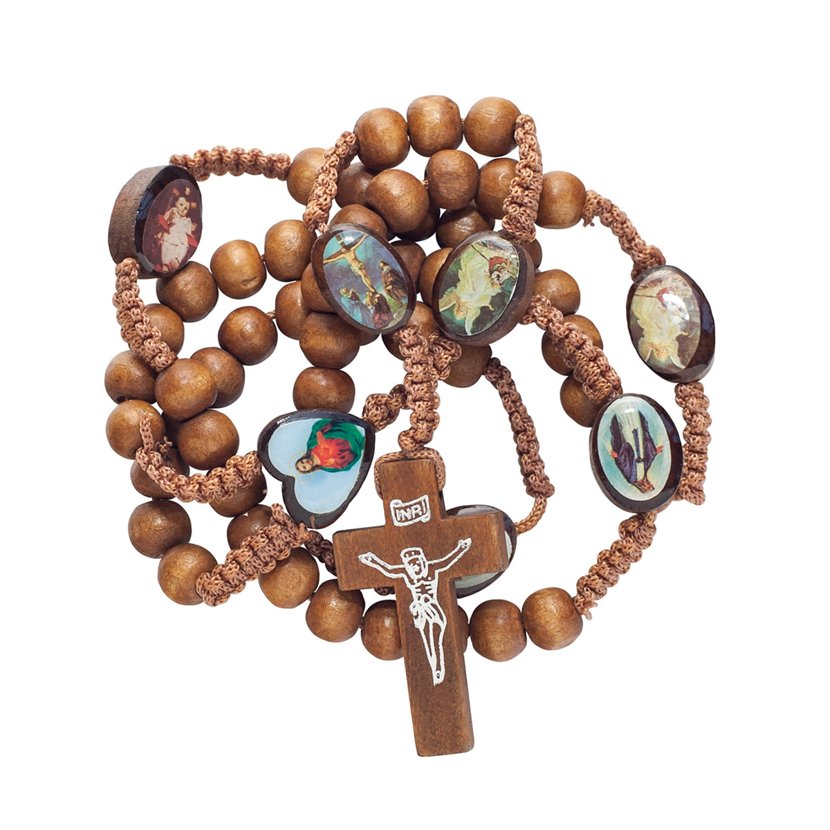 Front view natural wood rosary beads with saints cross from Jerusalem
