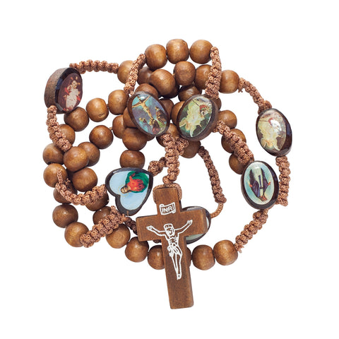 Front view natural wood rosary beads with saints cross from Jerusalem
