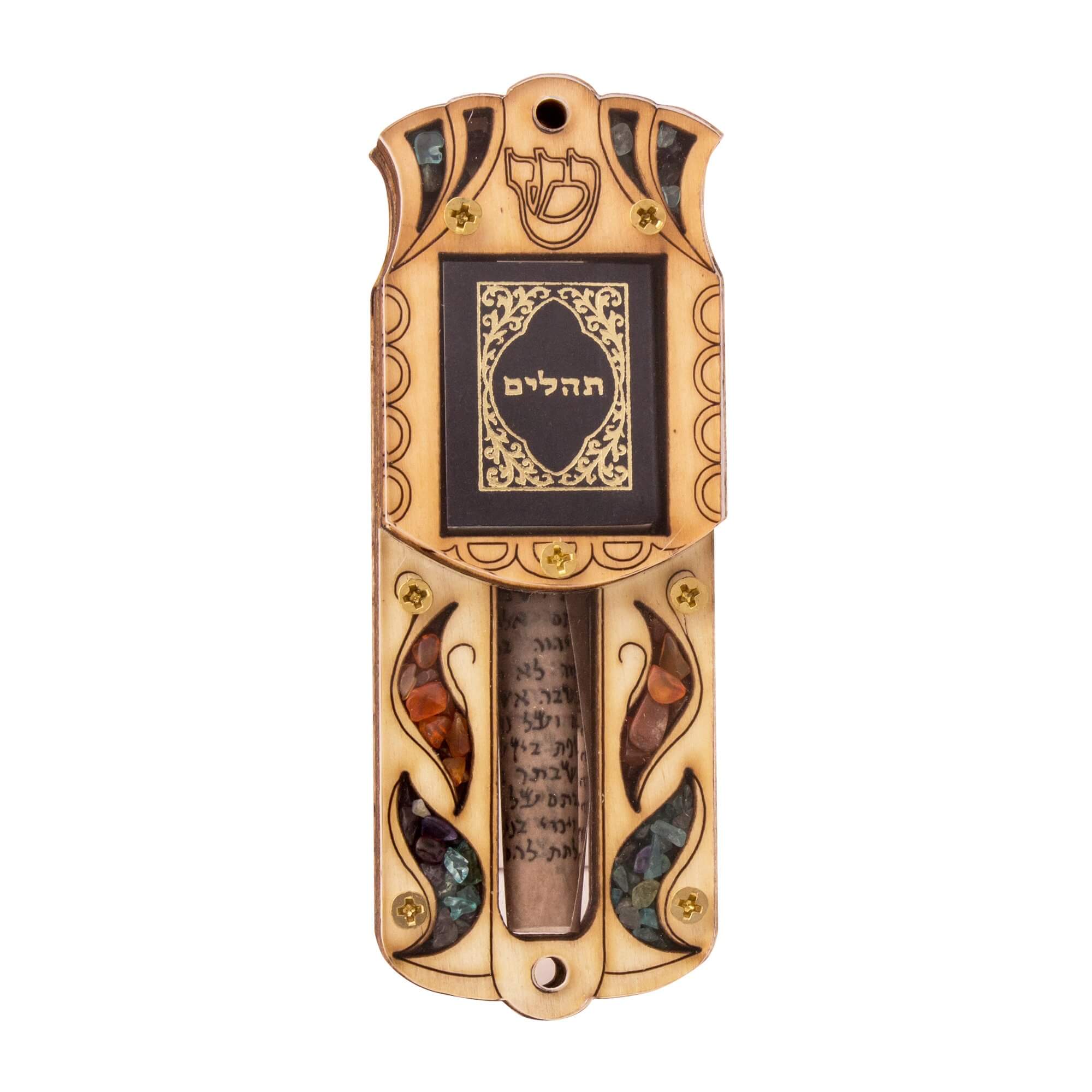 Handcrafted wooden car mezuzah with intricate stone details on the front.

