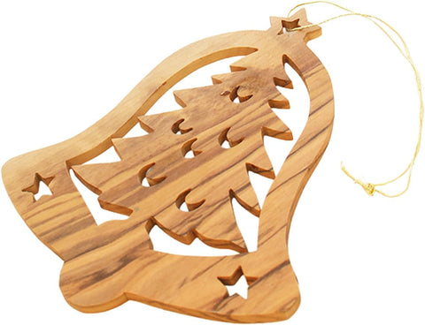 Wooden Christmas bell ornament carved from olive wood
