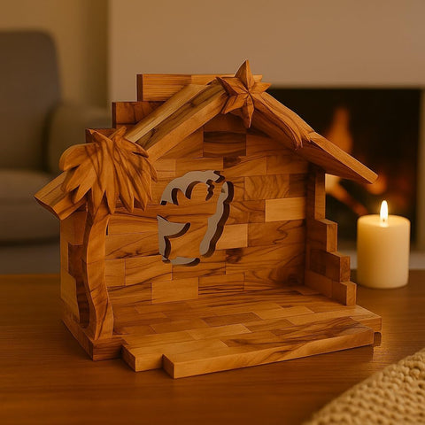 Wooden Christmas nativity stable with star and palm design