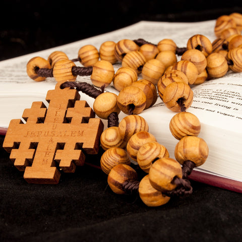 Chain and cross bail detail on 16 inch wooden rosary beads