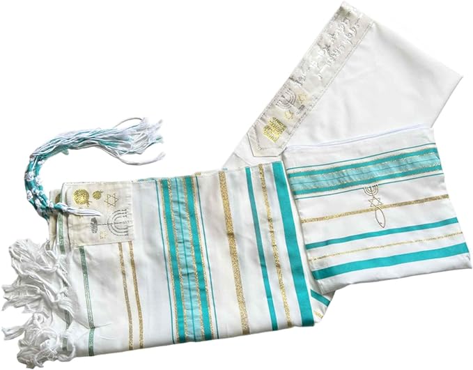 Close-up of woven tzitzit on teal tallit prayer scarf
