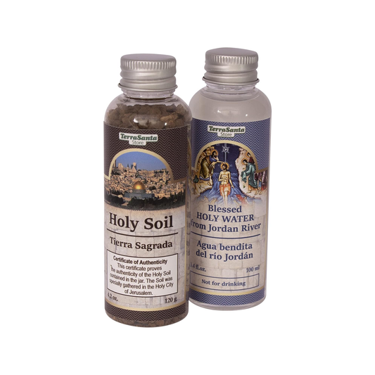 Blessed Christian Authentic 2-Bottle Set with Holy Water from Jordan River & Jerusalem Soil