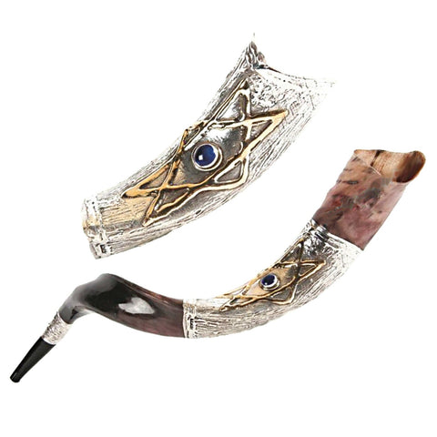 Yemenite silver plated shofar with polished silver bands
