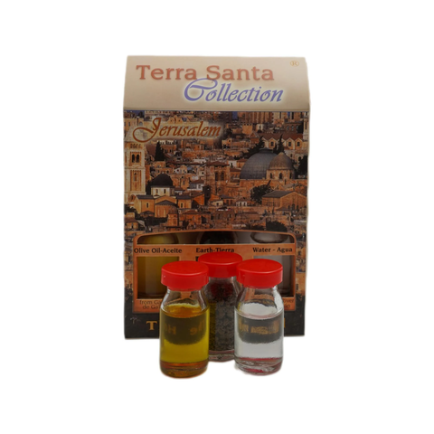 Christian Jerusalem Themed Gift Set w/ 3 Bottles - Olive Oil, Holy Water & Holy Soil 10ml/ 0.3 oz