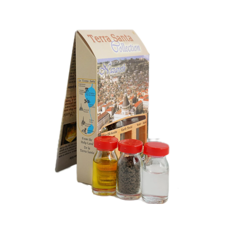 Nazareth Themed Christian Gift Set w/ 3 Bottles - Olive Oil, Holy Water & Holy Soil 10ml/ 0.3 oz