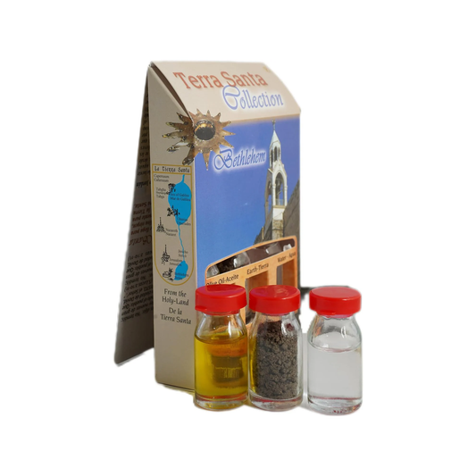 Christian Bethlehem Themed Christian Gift Set w/ 3 Bottles - Olive Oil, Holy Water & Holy Soil 10ml/ 0.3 oz